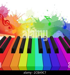 Illustration of rainbow colored piano keys,  musical notes and watercolor splashes. Vector element for your design Stock Vector