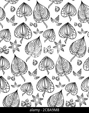 Seamless texture with black and white doodle leaves with zentangle pattern. Vector background for your design. Stock Vector