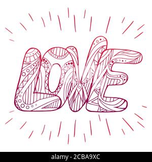 Doodle inscription Love with zentangle pattern. Vector element for greeting cards, invitations, cards, and your design. Stock Vector