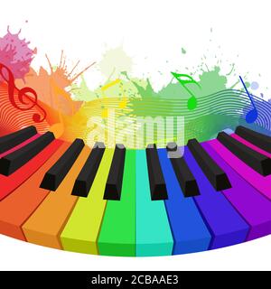 Illustration of rainbow colored piano keys,  musical notes and watercolor splashes. Vector element for your design Stock Vector