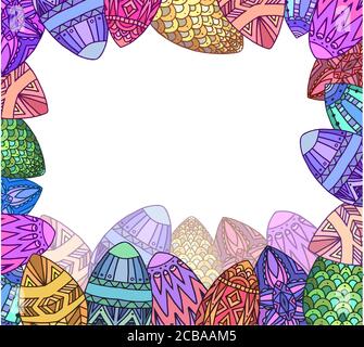 Greeting card with colorfull doodle festive eggs with boho pattern and place for text. Vector element for invitations, brochures, greeting cards, and Stock Vector