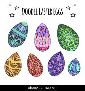 Set of colorful festive doodle eggs with boho pattern. Vector element for greeting cards and your design Stock Vector