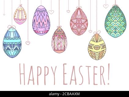 Easter card with hanging colorful doodle eggs with zentangle pattern and congratulations for your creativity Stock Vector