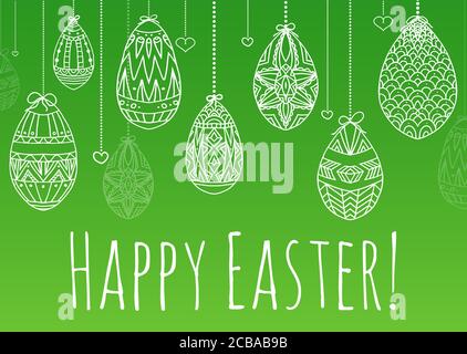 Easter card with hanging doodle eggs with zentangle pattern and congratulations for your creativity Stock Vector