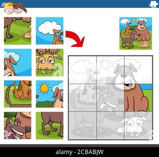 Cartoon Illustration of Educational Jigsaw Puzzle Game for Children with Dogs and Puppies Animal Characters Group Stock Vector