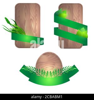 Set of wooden boards with green ribbons and leaves. Vector element for banners, advertisements, ads, and your design Stock Vector