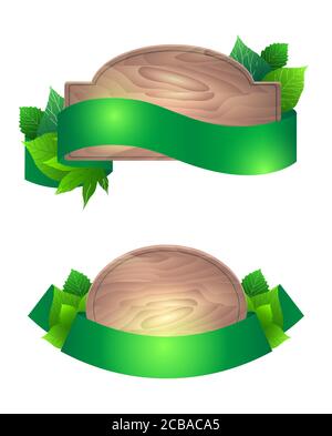 Set of wooden boards with green ribbons and leaves. Vector element for banners, advertisements, ads, and your design Stock Vector