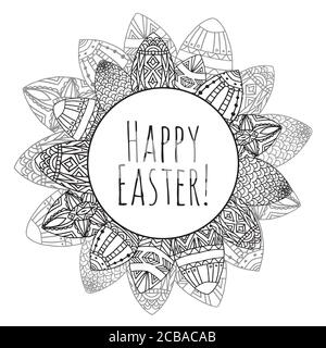 Round frame with Easter eggs with zentangle doodle pattern and place for text for your design Stock Vector