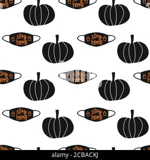 Stay Home Halloween Thanksgiving 2020 seamless vector background. Repeating Coronavirus pattern with pumpkins and face masks and stay home lettering Stock Vector
