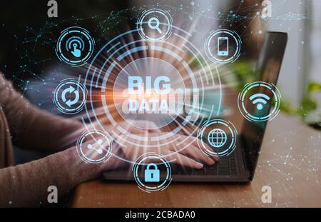 Technologies and innovations. Big data analyst working on laptop at office, collage with computer icons Stock Photo