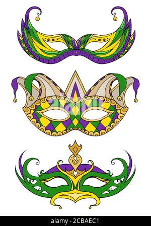Set of hand-drawn doodle face masks. Festival Mardi Gras, masquerade. Stock Vector