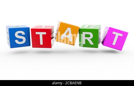 Illustration of colorful blocks with start spelled on them in front of a white background Stock Photo
