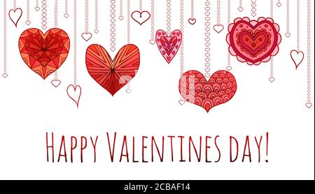 Greeting card with hanging red doodle hearts, decorated with boho patterns, congratulations and space for text to banners, design composition of your Stock Vector