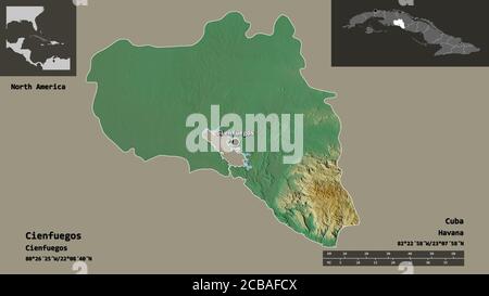 Shape of Cienfuegos, province of Cuba, and its capital. Distance scale, previews and labels. Topographic relief map. 3D rendering Stock Photo