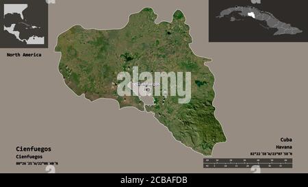 Shape of Cienfuegos, province of Cuba, and its capital. Distance scale, previews and labels. Satellite imagery. 3D rendering Stock Photo