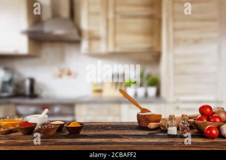 Baking ingredients on kitchen counter Stock Photo - Alamy