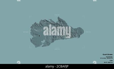 Area of Guantánamo, province of Cuba, isolated on a solid background in a georeferenced bounding box. Labels. Colored elevation map. 3D rendering Stock Photo