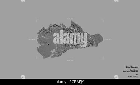 Area of Guantánamo, province of Cuba, isolated on a solid background in a georeferenced bounding box. Labels. Bilevel elevation map. 3D rendering Stock Photo