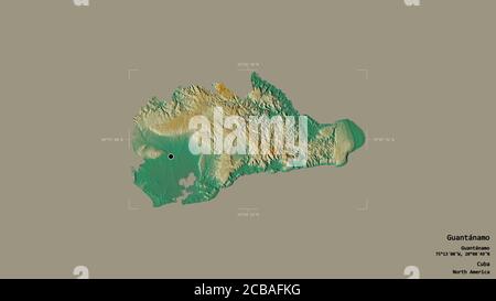 Area of Guantánamo, province of Cuba, isolated on a solid background in a georeferenced bounding box. Labels. Topographic relief map. 3D rendering Stock Photo