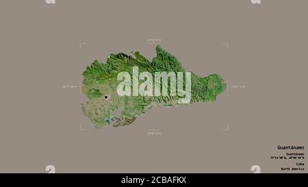 Area of Guantánamo, province of Cuba, isolated on a solid background in a georeferenced bounding box. Labels. Satellite imagery. 3D rendering Stock Photo