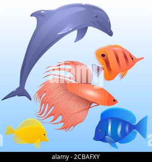 Vector set of tropical fish, dolphins and fish-rooster for your creativity Stock Vector