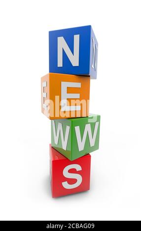 Illustration of colorful blocks with news spelled on them in front of a white background Stock Photo