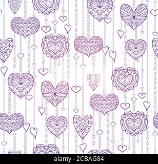Seamless lilac texture with hanging doodle hearts for your creativity Stock Vector