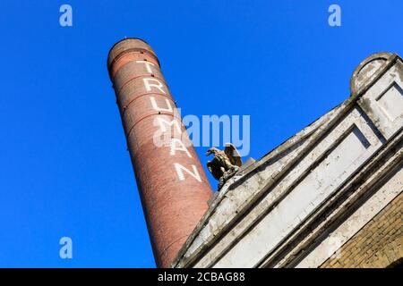 The Old Truman Brewery, chimney of the popular former brewery, now an art, event and fashion venue in Brick Lane, East London, England Stock Photo