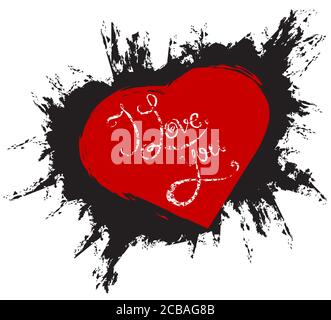 Calligraphic grunge inscription handwritten I love you in red heart on black grunge background. Vector element for your design Stock Vector