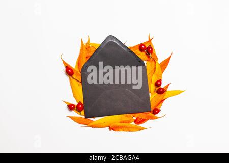 Top view composition of opened black paper envelope with yellow red leaves. . Creative flat lay composition, above. Summer, autumn greeting card Stock Photo