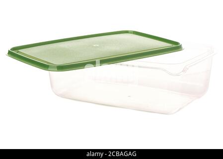 Low transparent plastic food container with open lid. Food container isolated on white background. Close up. Copy space. Stock Photo