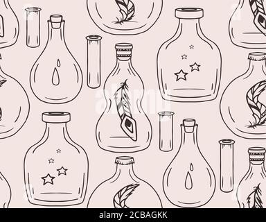 Seamless texture with bottles, jars and flasks with feathers, stars inside. Vector background for your creativity Stock Vector
