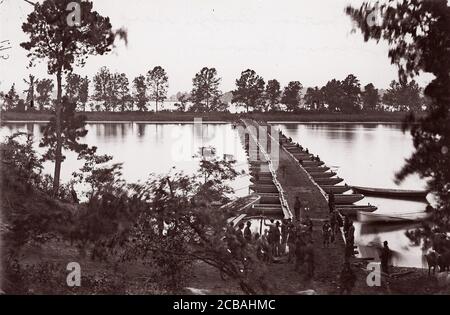 Pontoon bridge across James River, ca. 1864. Formerly attributed to Mathew B. Brady. Stock Photo