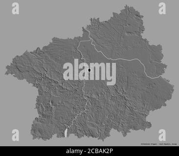 Shape of Středočeský, region of Czech Republic, with its capital isolated on a solid color background. Bilevel elevation map. 3D rendering Stock Photo