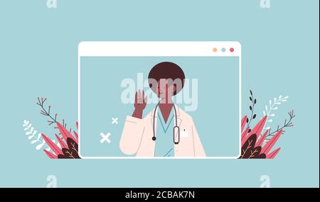male doctor in web browser window consulting patient online consultation healthcare telemedicine medical advice concept portrait horizontal vector illustration Stock Vector