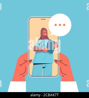patient discussing with arab female doctor in smartphone screen chat bubble communication online consultation healthcare medicine medical advice concept vector illustration Stock Vector