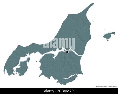 Shape of Nordjylland, region of Denmark, with its capital isolated on white background. Colored elevation map. 3D rendering Stock Photo