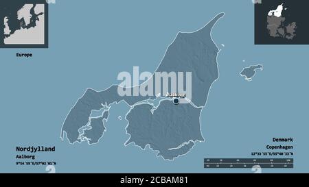Shape of Nordjylland, region of Denmark, and its capital. Distance scale, previews and labels. Colored elevation map. 3D rendering Stock Photo