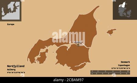 Shape of Nordjylland, region of Denmark, and its capital. Distance scale, previews and labels. Composition of patterned textures. 3D rendering Stock Photo