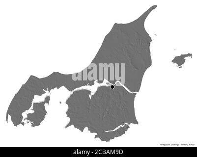 Shape of Nordjylland, region of Denmark, with its capital isolated on white background. Bilevel elevation map. 3D rendering Stock Photo