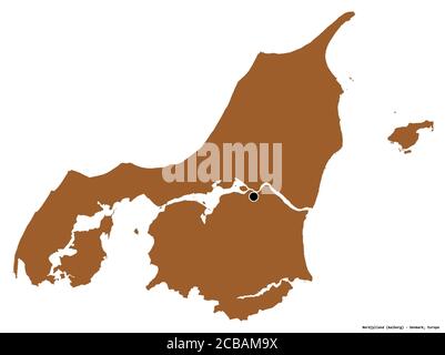 Shape of Nordjylland, region of Denmark, with its capital isolated on white background. Composition of patterned textures. 3D rendering Stock Photo