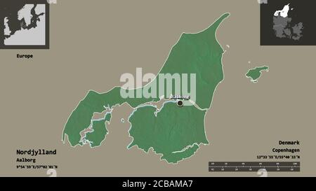 Shape of Nordjylland, region of Denmark, and its capital. Distance scale, previews and labels. Topographic relief map. 3D rendering Stock Photo