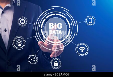 Collage with businessman selecting and pressing Big Data button with virtual icons, blue background Stock Photo