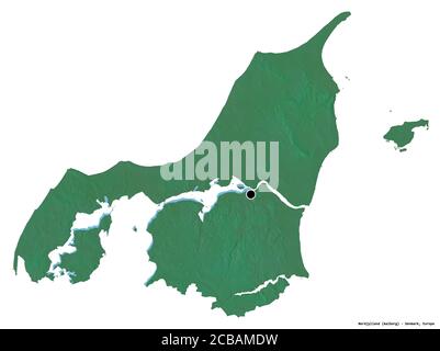 Shape of Nordjylland, region of Denmark, with its capital isolated on white background. Topographic relief map. 3D rendering Stock Photo