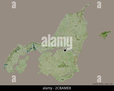 Shape of Nordjylland, region of Denmark, with its capital isolated on a solid color background. Satellite imagery. 3D rendering Stock Photo