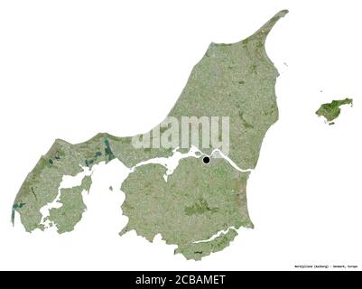 Shape of Nordjylland, region of Denmark, with its capital isolated on white background. Satellite imagery. 3D rendering Stock Photo