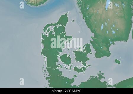 Extended area of Denmark with country outline, international and regional borders. Topographic relief map. 3D rendering Stock Photo