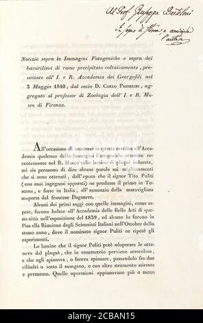 [Notizie sopra le Immagini Fotogeniche], 1840. [Part of an article in Italian discussing photogenic drawing and the work of Louis Daguerre, inventor of the daguerreotype process of photography]. Stock Photo
