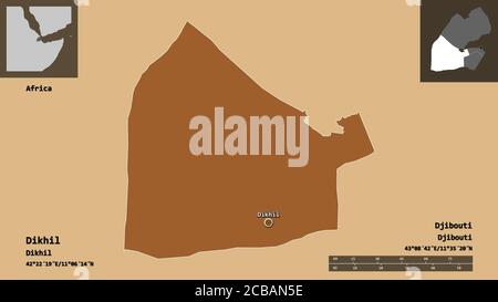 Shape of Dikhil, region of Djibouti, and its capital. Distance scale, previews and labels. Composition of patterned textures. 3D rendering Stock Photo