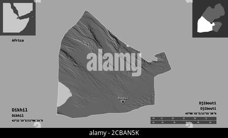 Shape of Dikhil, region of Djibouti, and its capital. Distance scale, previews and labels. Bilevel elevation map. 3D rendering Stock Photo